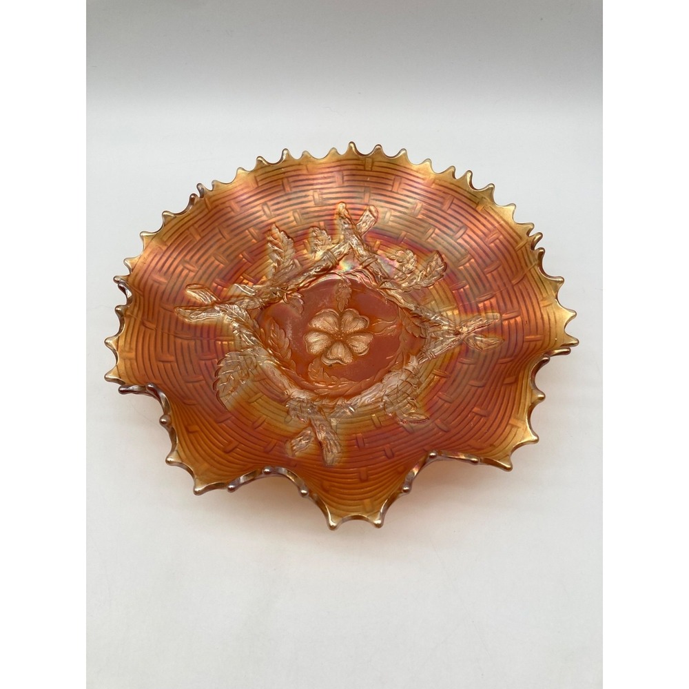 Antique Dugan Marigold Carnival Glass Bowl Apple Blossom Twigs Basketweave 9"